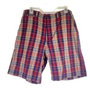 Madison men's 34 Plaid blue red orange casual fun vacation flat front shorts